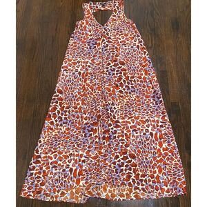 H&M Orange Blue Animal Print Maxi Dress Sz 8 Front Pleat Cutout Back Hi-Low Hem